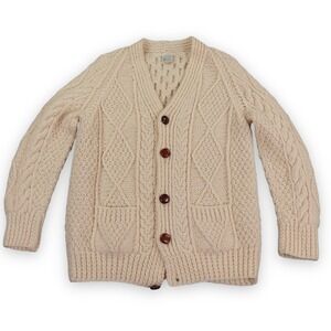 Vtg Una O'Neill Aran HandKnit Wool Cardigan Sweater Men 38 Cream Cable Fisherman